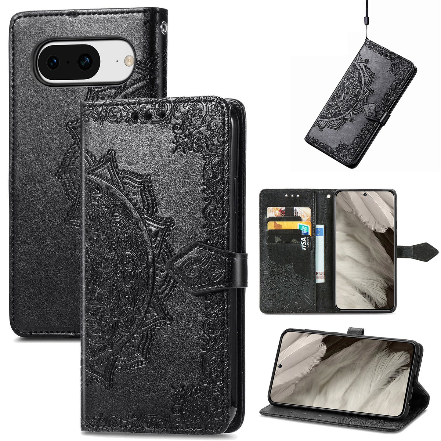 For Google Pixel 8 Collision Resistant PU Leather Stand Wallet Embossed Mandala Pattern Cover