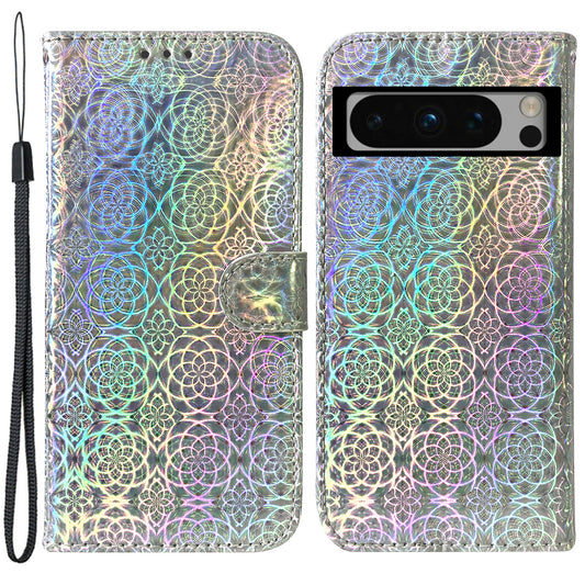 For Google Pixel 8 Pro Dazzling Flower Pattern Phone Case Flip Stand PU Leather Wallet Shockproof Shell