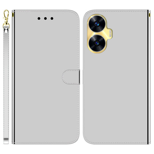 For Realme C55 Mirror-Like Surface Phone Case PU Leather Wallet Flip Stand Cover with Strap