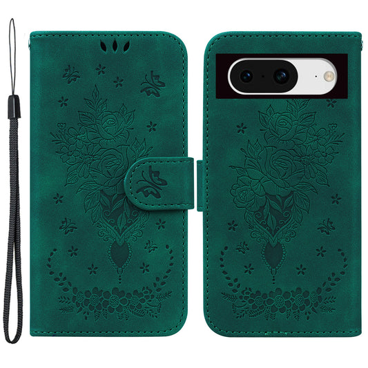 PU Leather Phone Case for Google Pixel 8 Stand Wallet Rose Butterfly Imprinted Phone Anti-drop Cover Shell