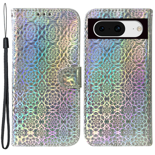 For Google Pixel 8 Wallet Phone Case Dazzling Flower Pattern Stand Shockproof PU Leather Phone Cover Shell