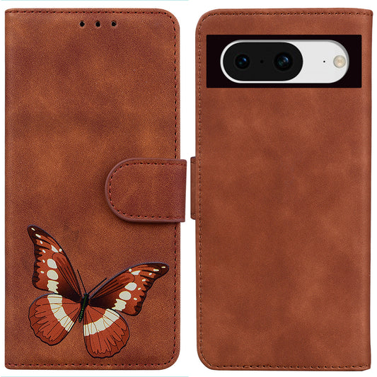 Skin-touch Flip Cover for Google Pixel 8 Butterfly Printing Drop-proof Wallet PU Leather Stand Phone Case