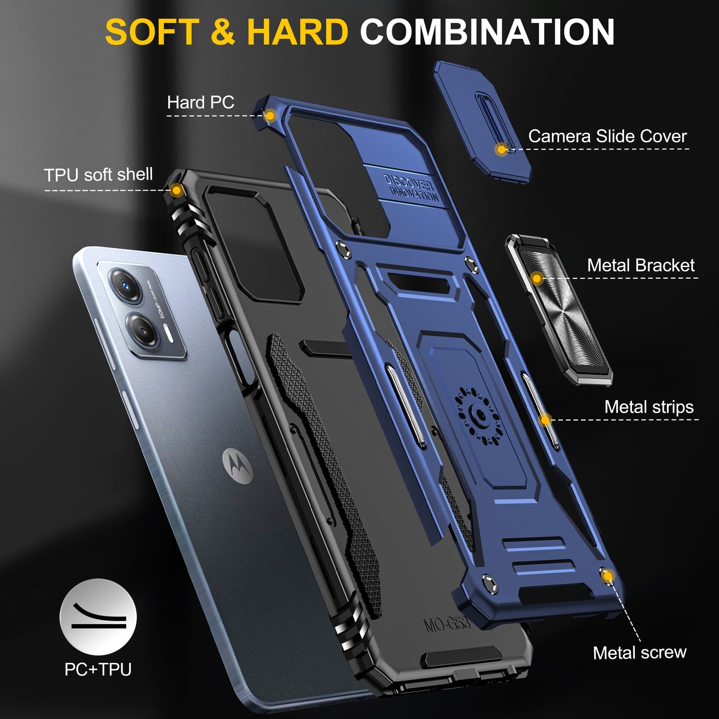 For Motorola Moto G53 5G Armor Series Slide Lens Protection Phone Case PC + TPU Kickstand Cover