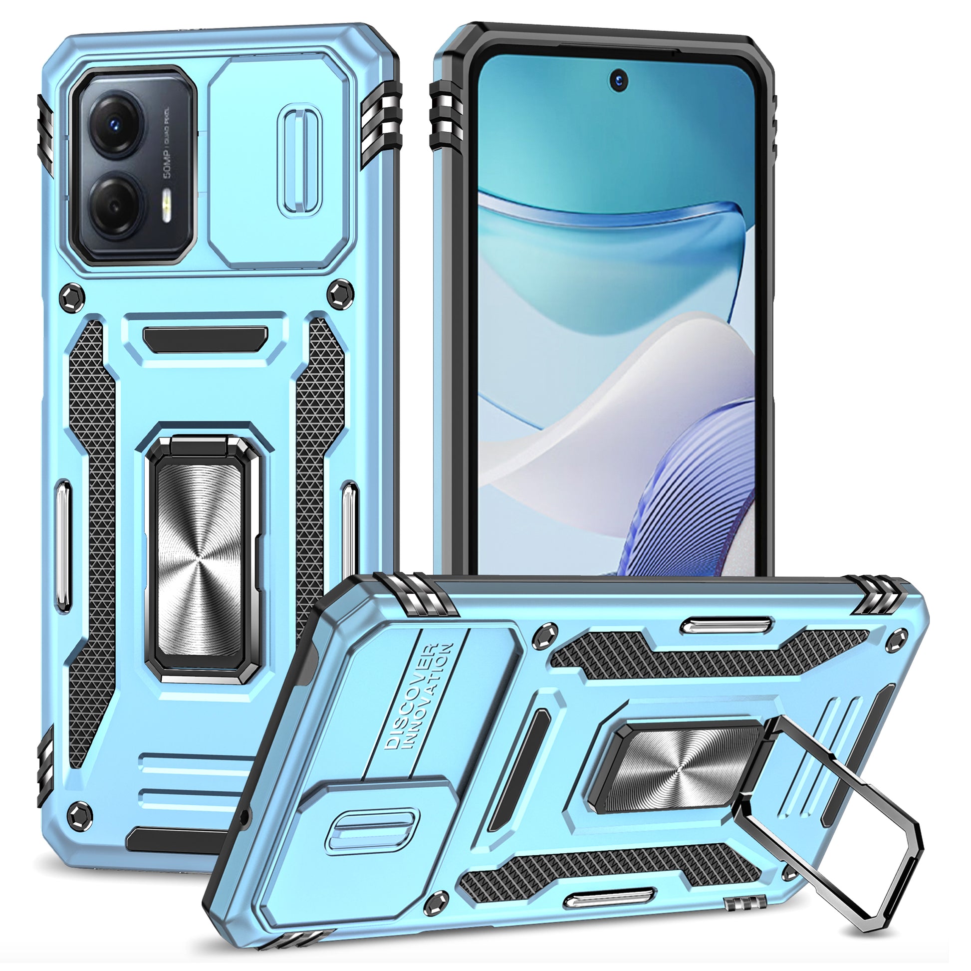 For Motorola Moto G53 5G Armor Series Slide Lens Protection Phone Case PC + TPU Kickstand Cover