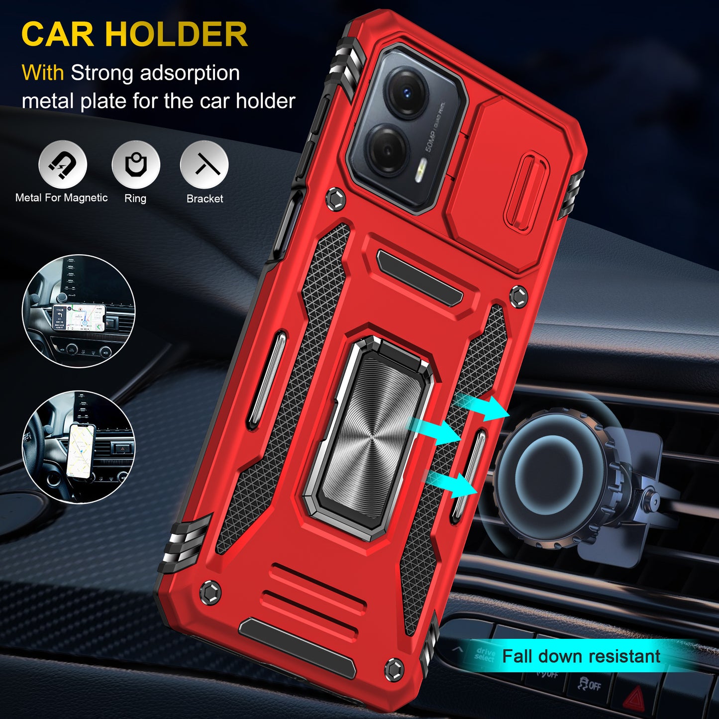 For Motorola Moto G53 5G Armor Series Slide Lens Protection Phone Case PC + TPU Kickstand Cover