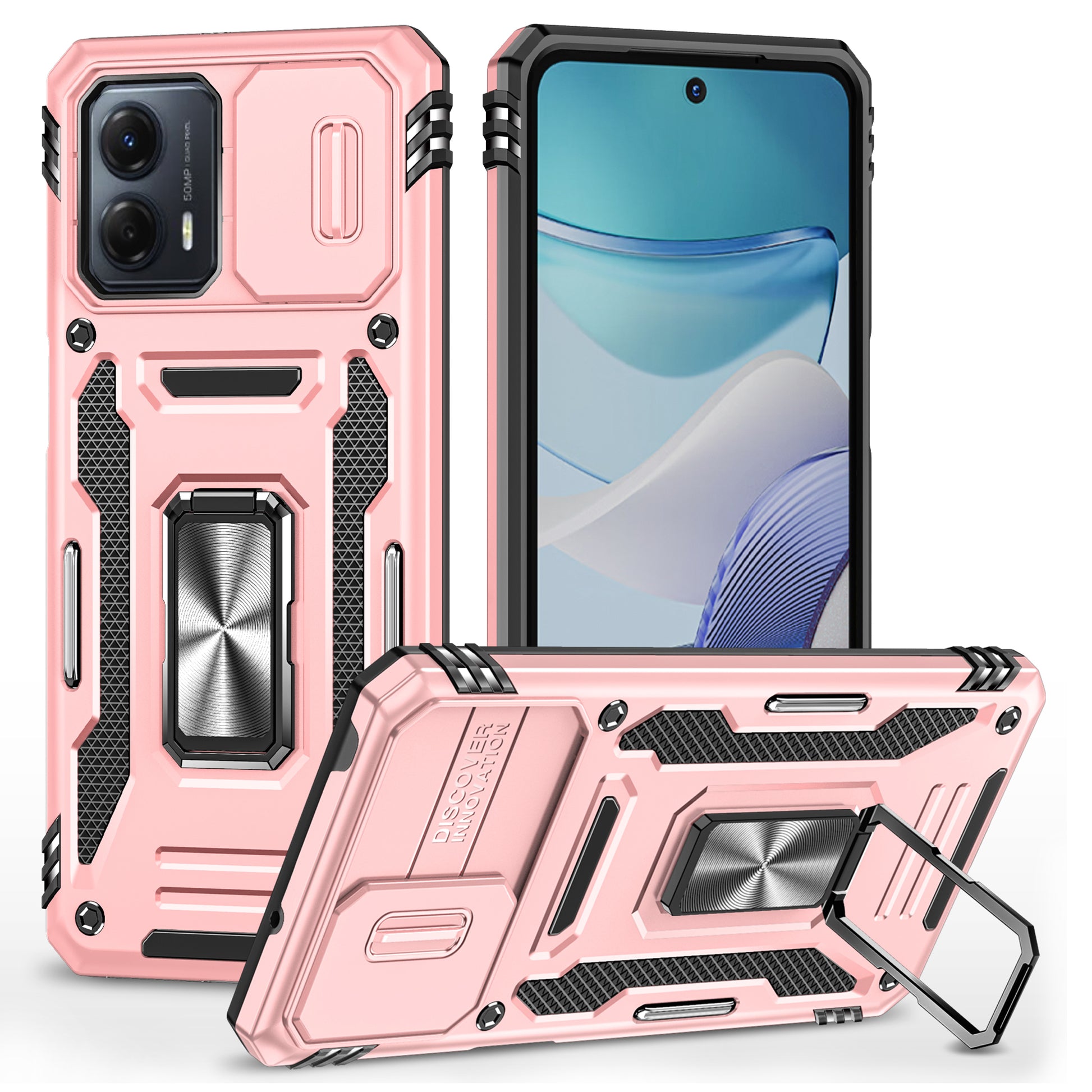 For Motorola Moto G53 5G Armor Series Slide Lens Protection Phone Case PC + TPU Kickstand Cover