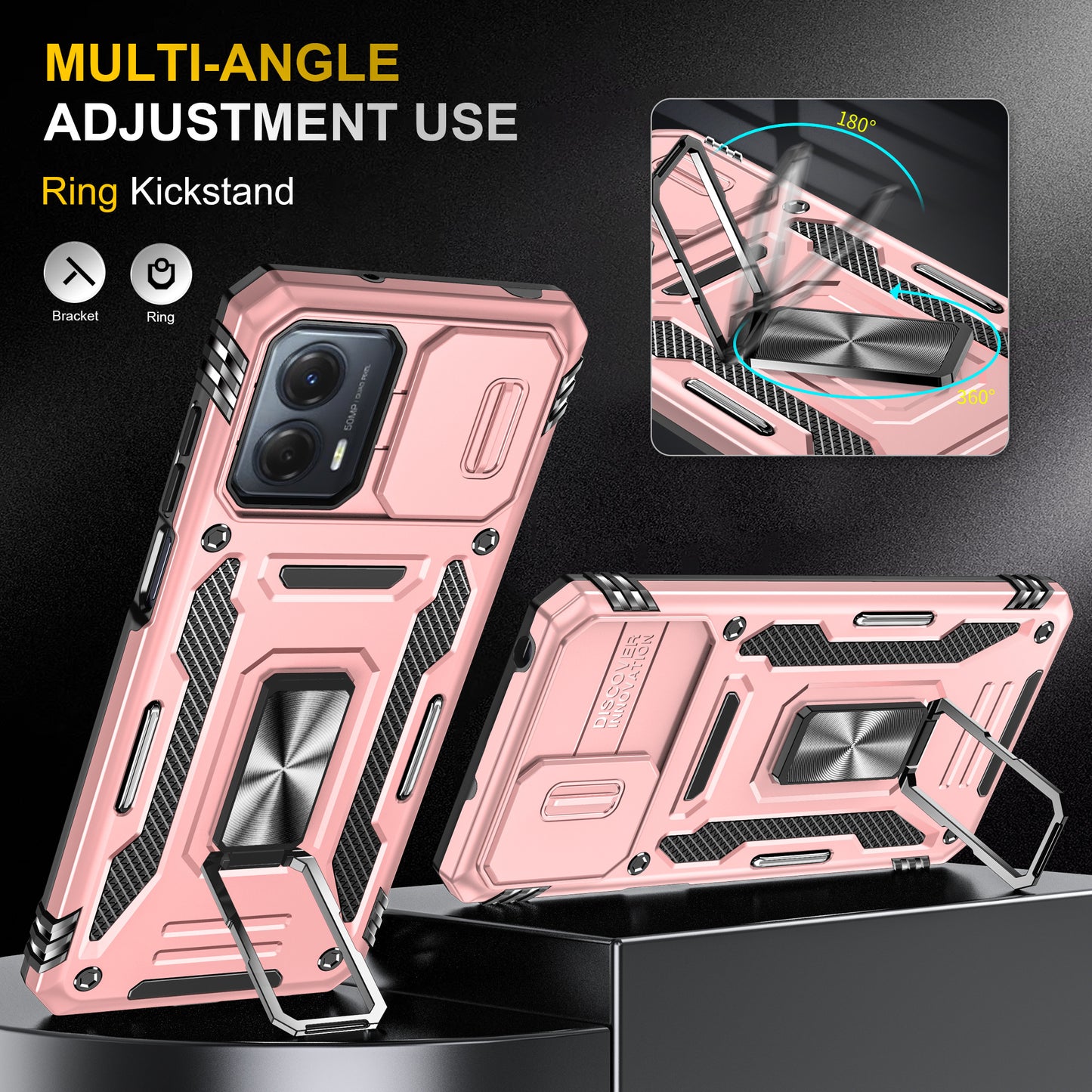 For Motorola Moto G53 5G Armor Series Slide Lens Protection Phone Case PC + TPU Kickstand Cover