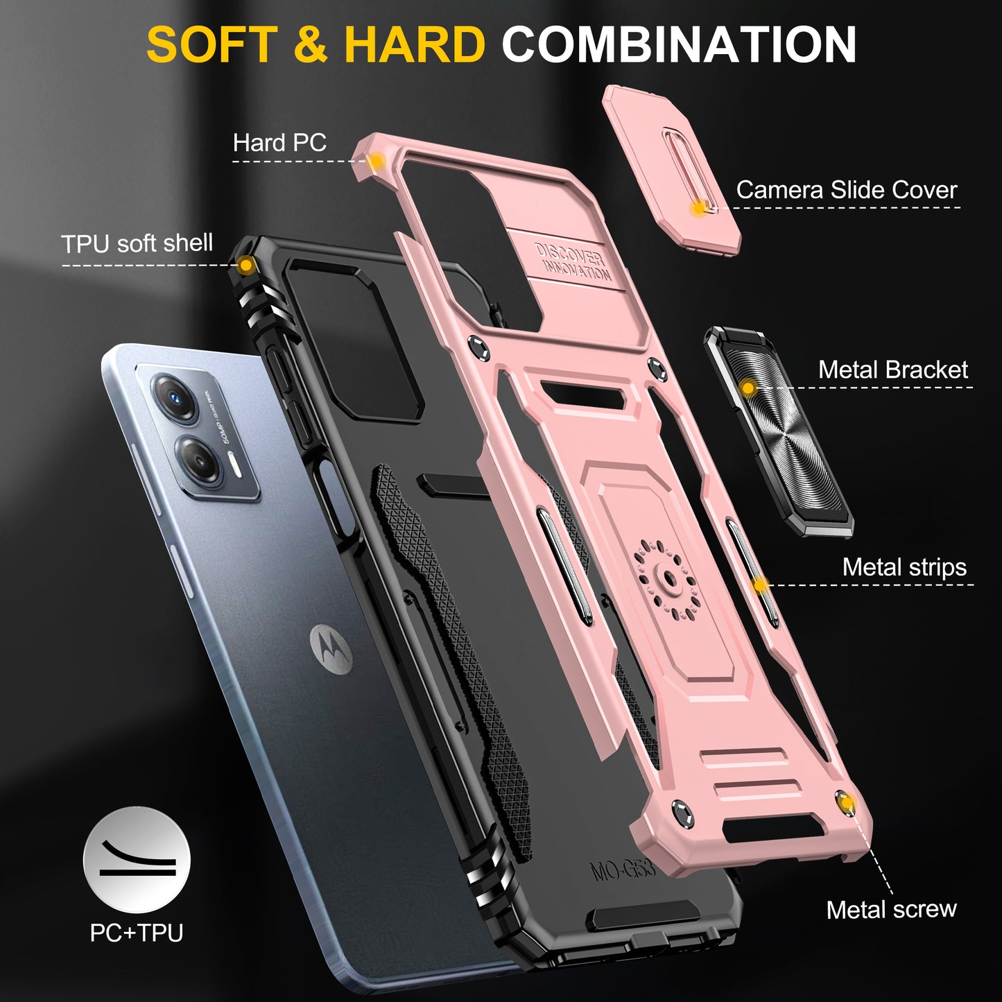 For Motorola Moto G53 5G Armor Series Slide Lens Protection Phone Case PC + TPU Kickstand Cover