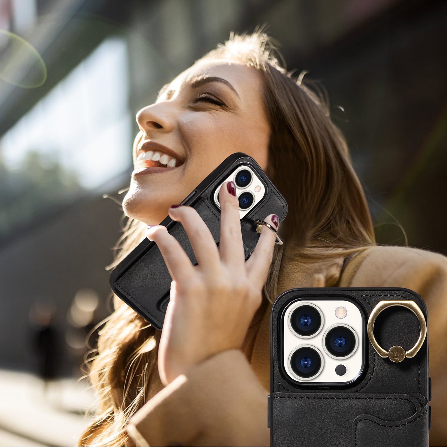 001 Card Holder Phone Case for iPhone 15 Pro , PU Leather Coated TPU Cover with Ring Kickstand