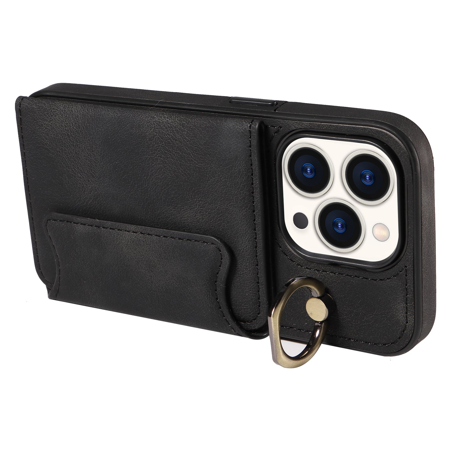 001 Card Holder Phone Case for iPhone 15 Pro , PU Leather Coated TPU Cover with Ring Kickstand