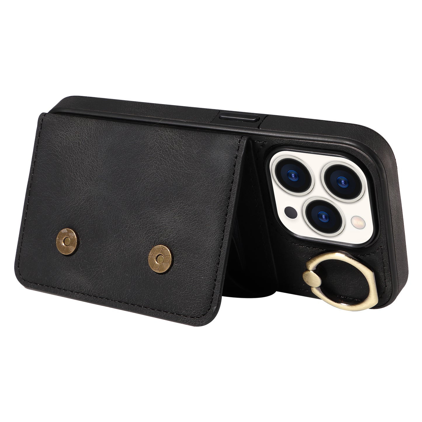 001 Card Holder Phone Case for iPhone 15 Pro , PU Leather Coated TPU Cover with Ring Kickstand