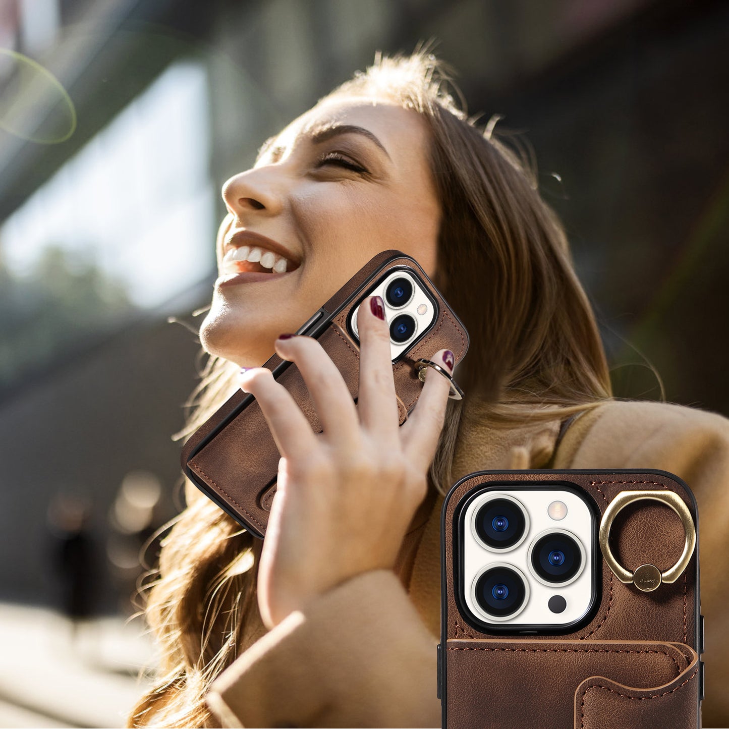 001 Card Holder Phone Case for iPhone 15 Pro , PU Leather Coated TPU Cover with Ring Kickstand