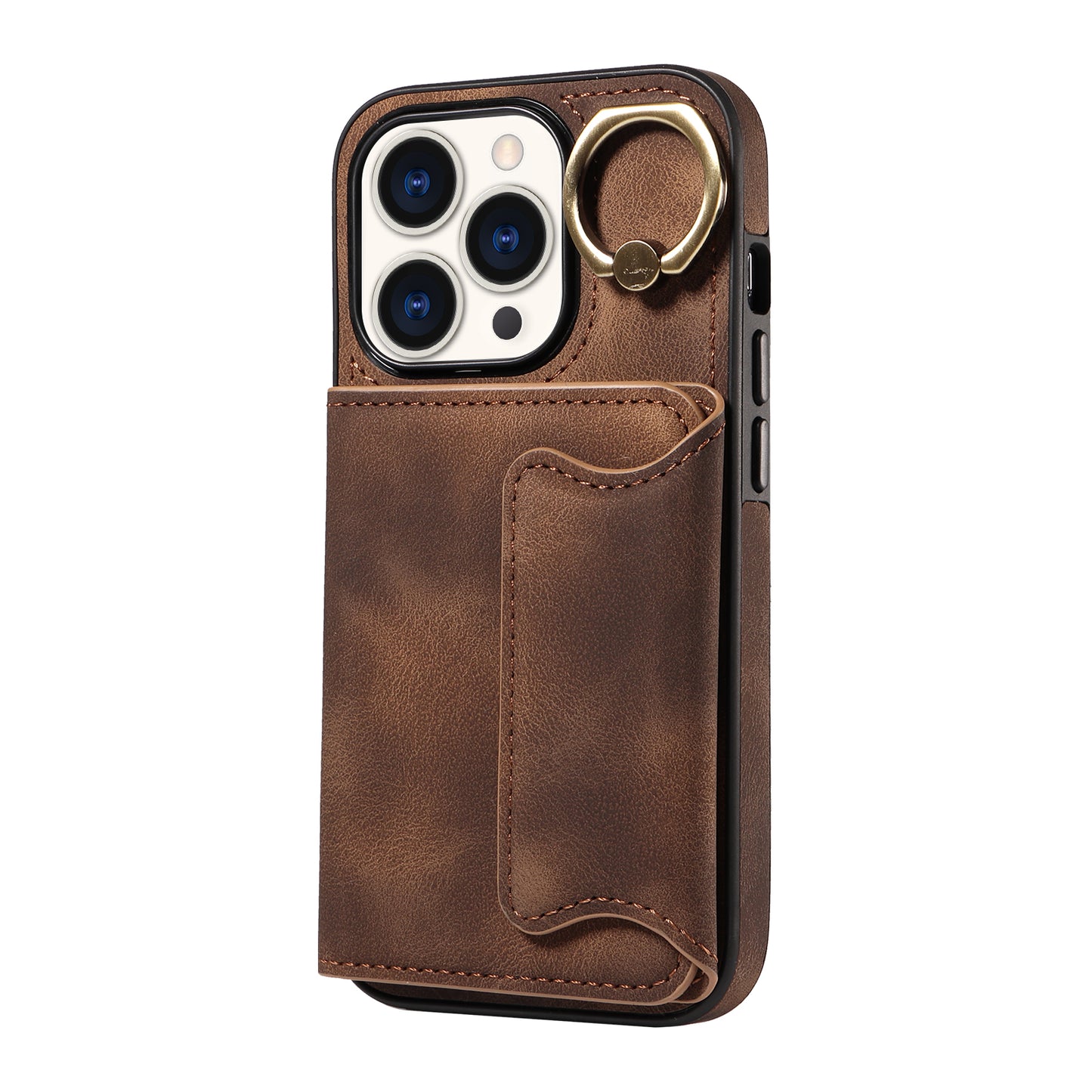 001 Card Holder Phone Case for iPhone 15 Pro , PU Leather Coated TPU Cover with Ring Kickstand