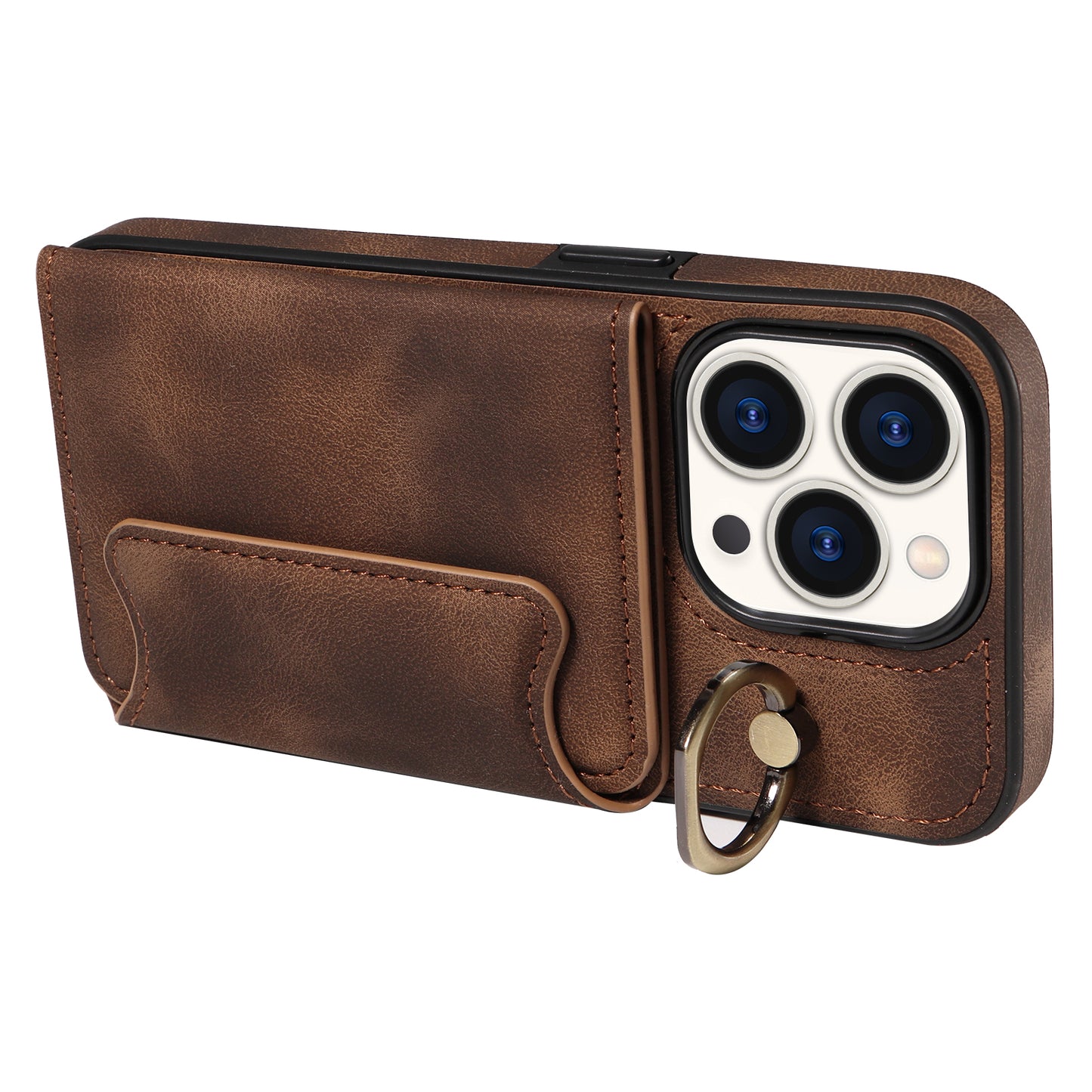 001 Card Holder Phone Case for iPhone 15 Pro , PU Leather Coated TPU Cover with Ring Kickstand