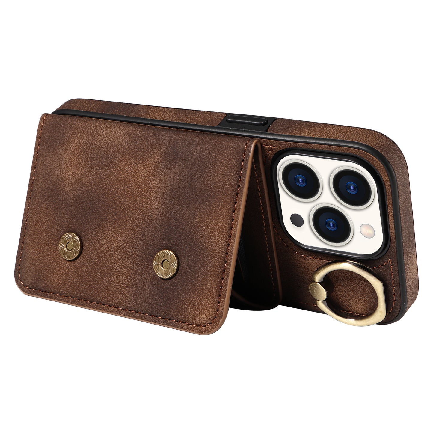 001 Card Holder Phone Case for iPhone 15 Pro , PU Leather Coated TPU Cover with Ring Kickstand