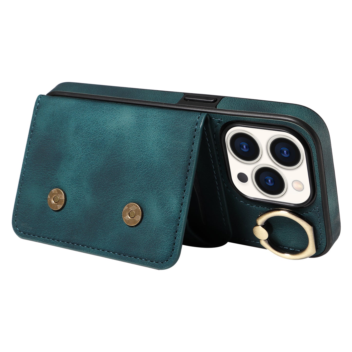 001 Card Holder Phone Case for iPhone 15 Pro , PU Leather Coated TPU Cover with Ring Kickstand