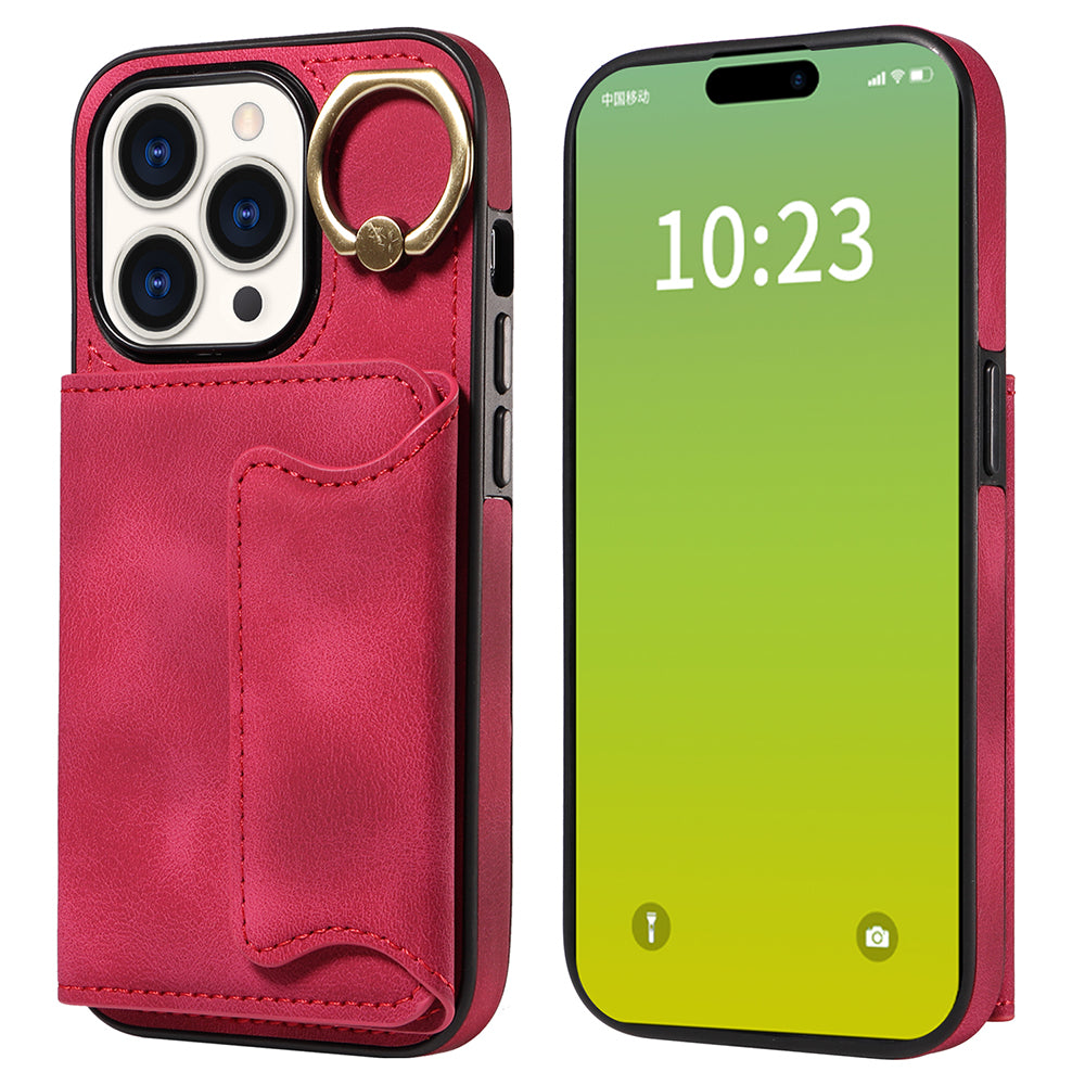 001 Card Holder Phone Case for iPhone 15 Pro , PU Leather Coated TPU Cover with Ring Kickstand