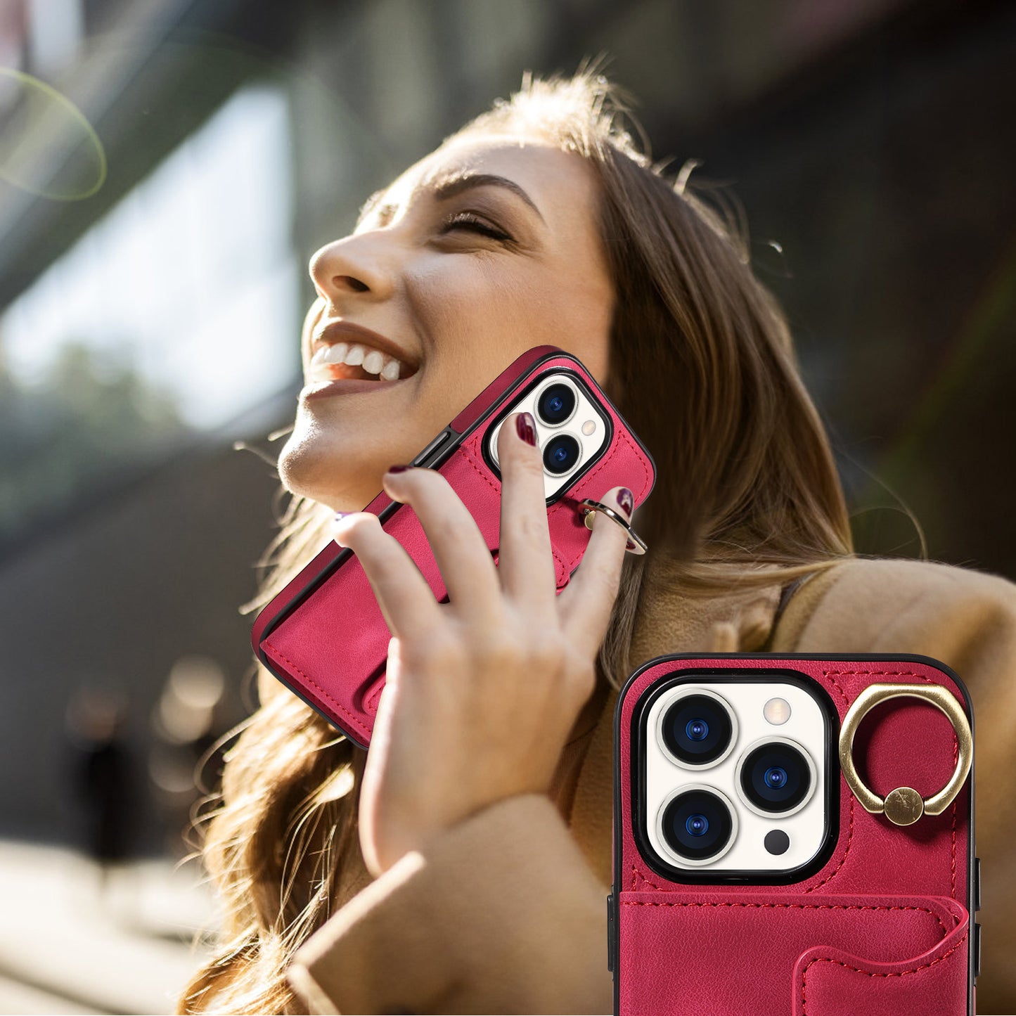 001 Card Holder Phone Case for iPhone 15 Pro , PU Leather Coated TPU Cover with Ring Kickstand