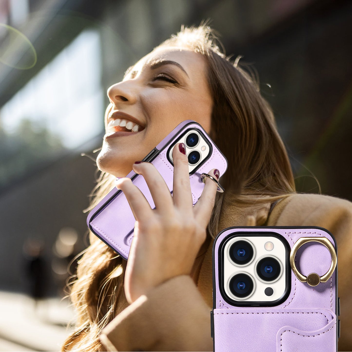 001 Card Holder Phone Case for iPhone 15 Pro , PU Leather Coated TPU Cover with Ring Kickstand