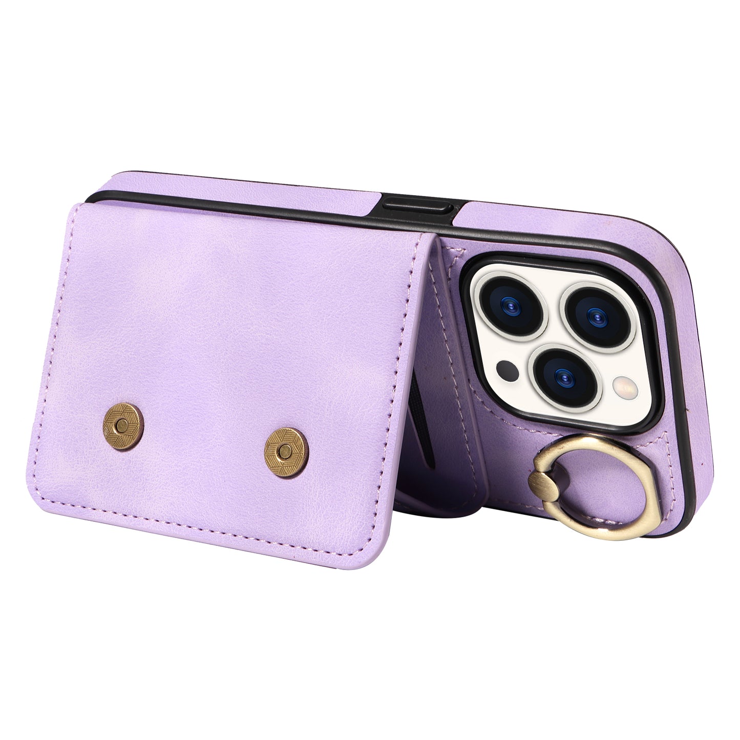 001 Card Holder Phone Case for iPhone 15 Pro , PU Leather Coated TPU Cover with Ring Kickstand