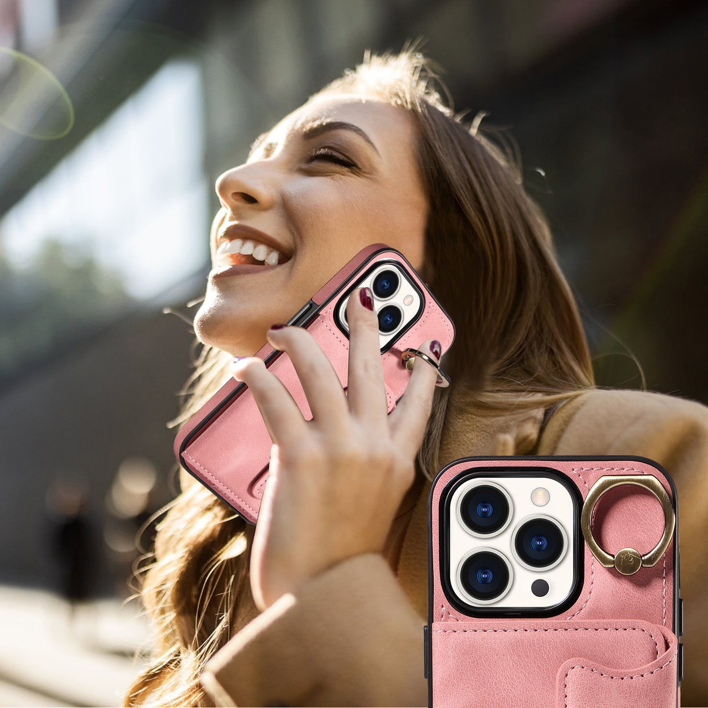 001 Card Holder Phone Case for iPhone 15 Pro , PU Leather Coated TPU Cover with Ring Kickstand