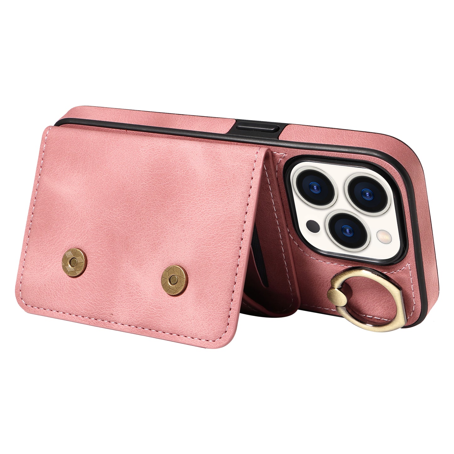 001 Card Holder Phone Case for iPhone 15 Pro , PU Leather Coated TPU Cover with Ring Kickstand