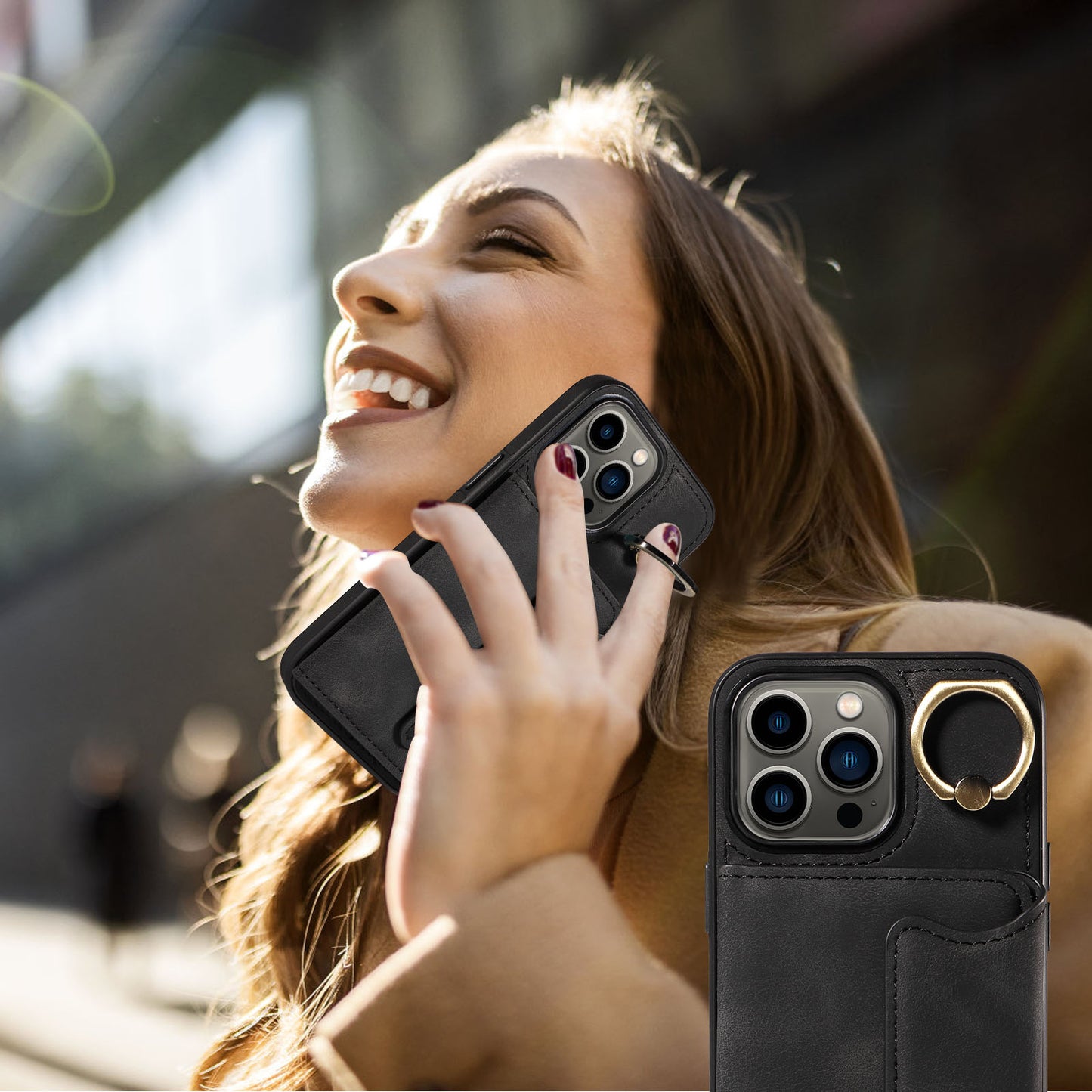 001 For iPhone 13 Pro 6.1 inch Card Holder PU Leather Coated TPU Cover Ring Kickstand Phone Case