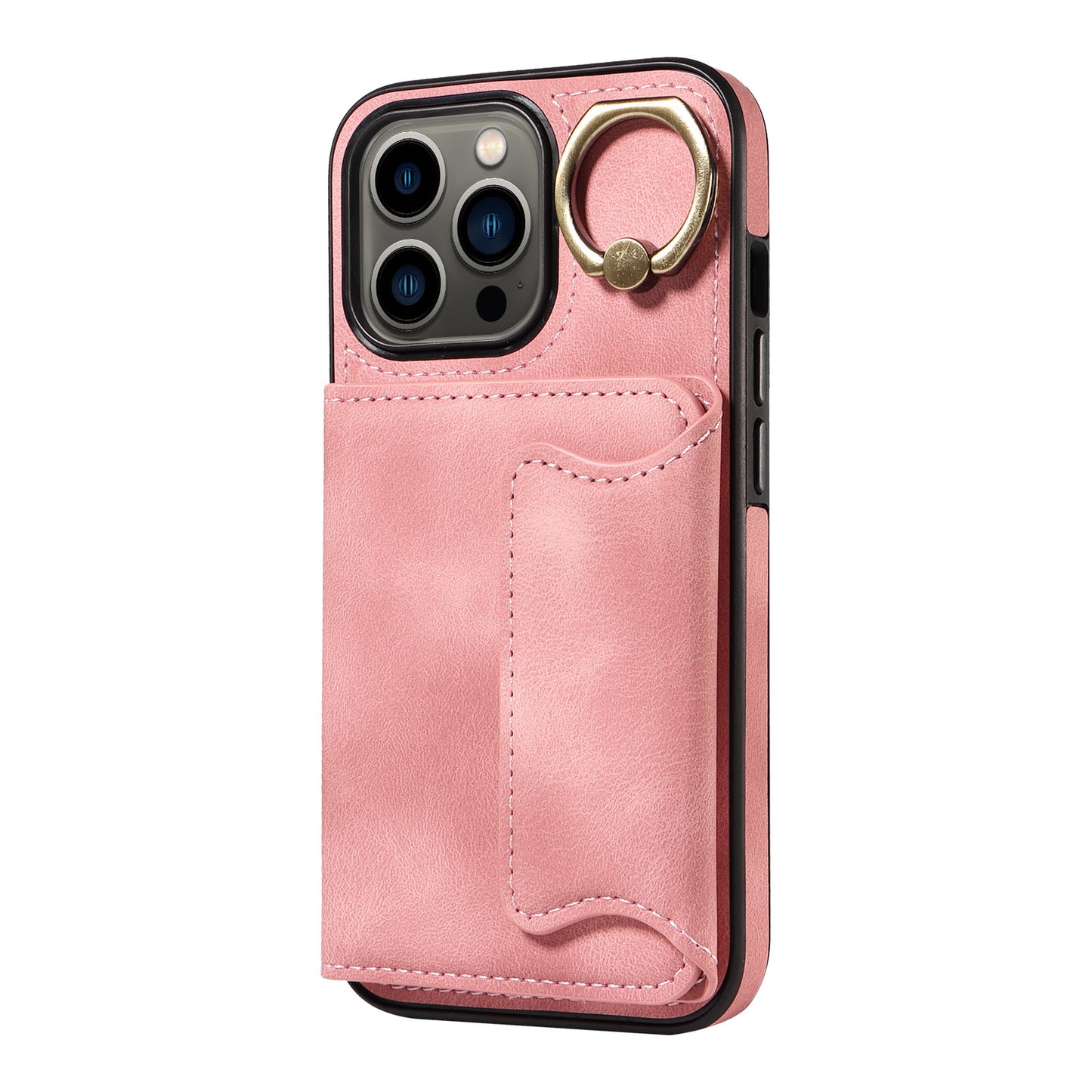 001 For iPhone 13 Pro 6.1 inch Card Holder PU Leather Coated TPU Cover Ring Kickstand Phone Case