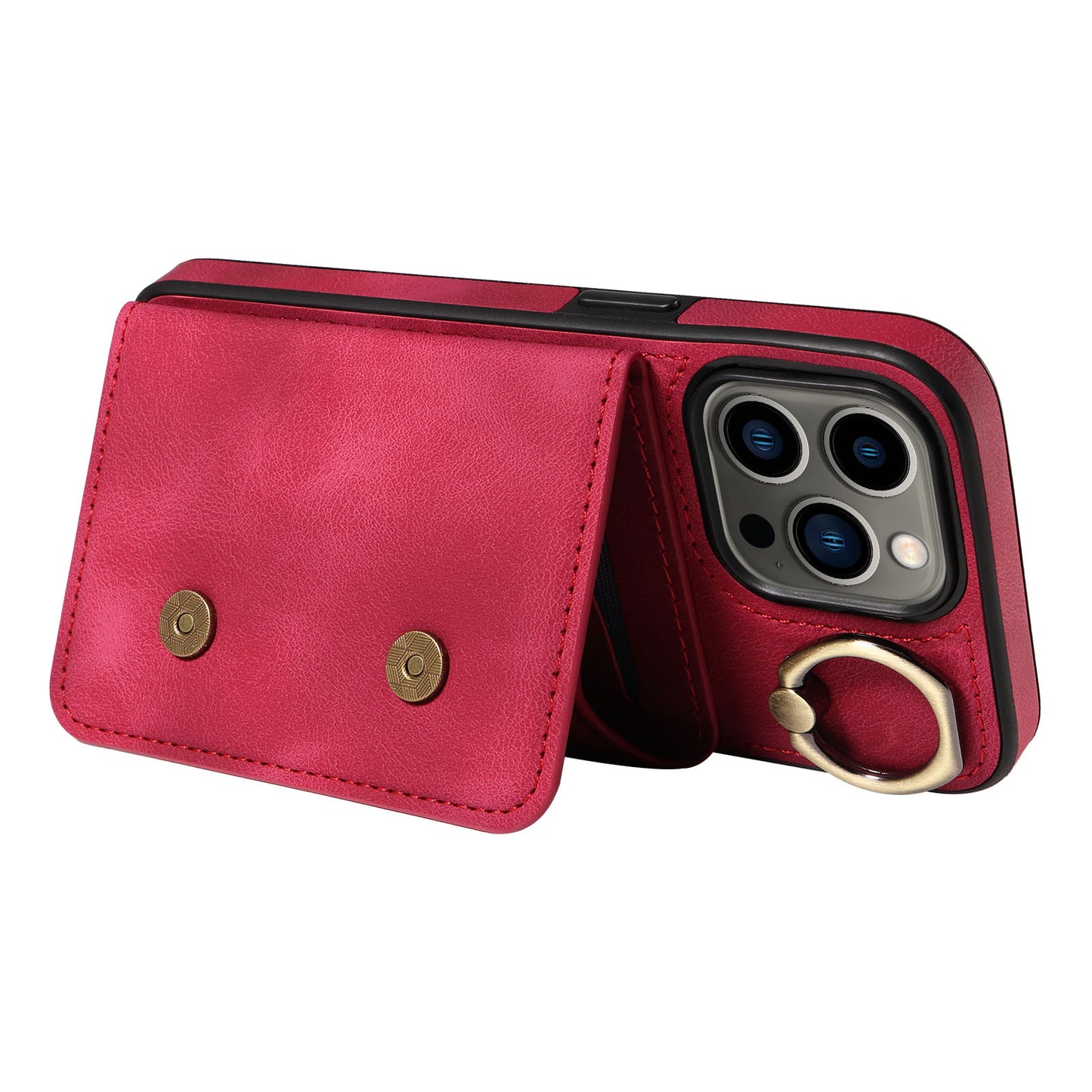 001 For iPhone 13 Pro 6.1 inch Card Holder PU Leather Coated TPU Cover Ring Kickstand Phone Case