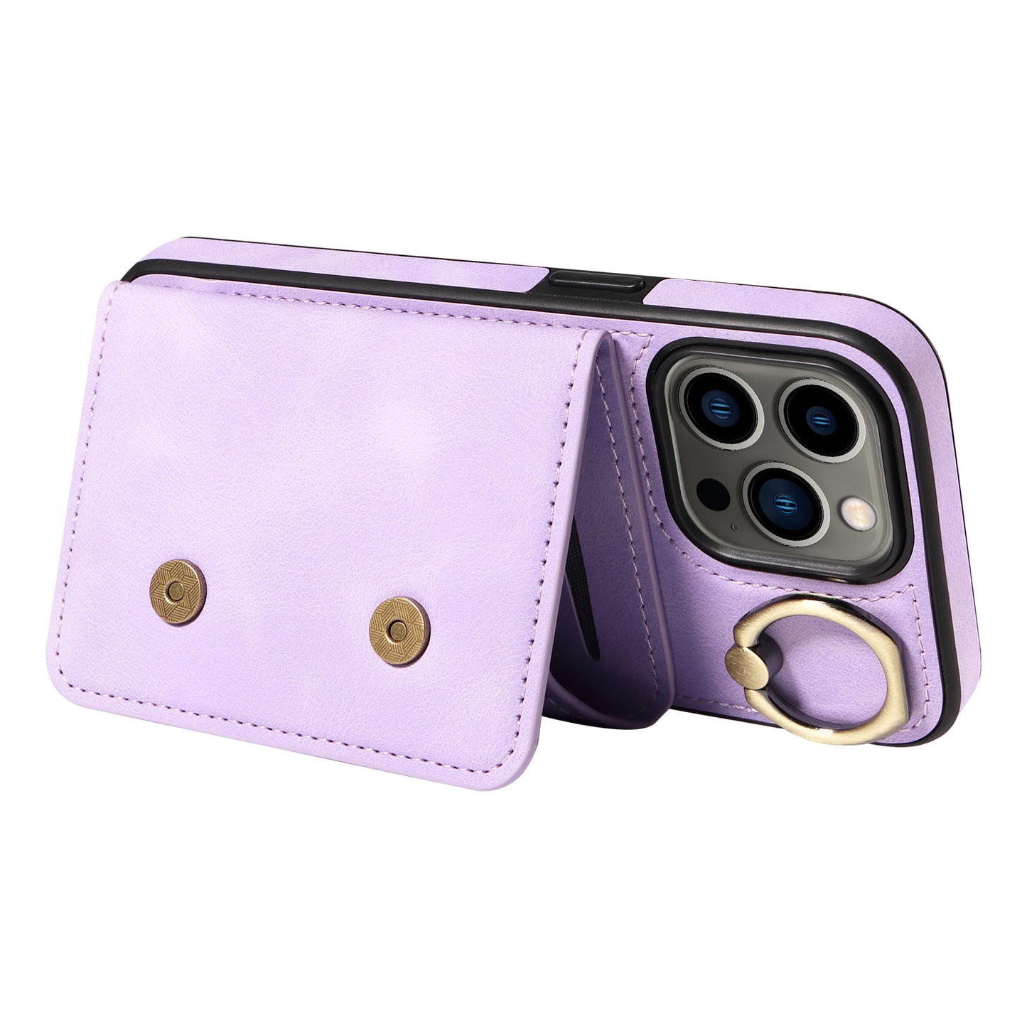 001 For iPhone 13 Pro 6.1 inch Card Holder PU Leather Coated TPU Cover Ring Kickstand Phone Case