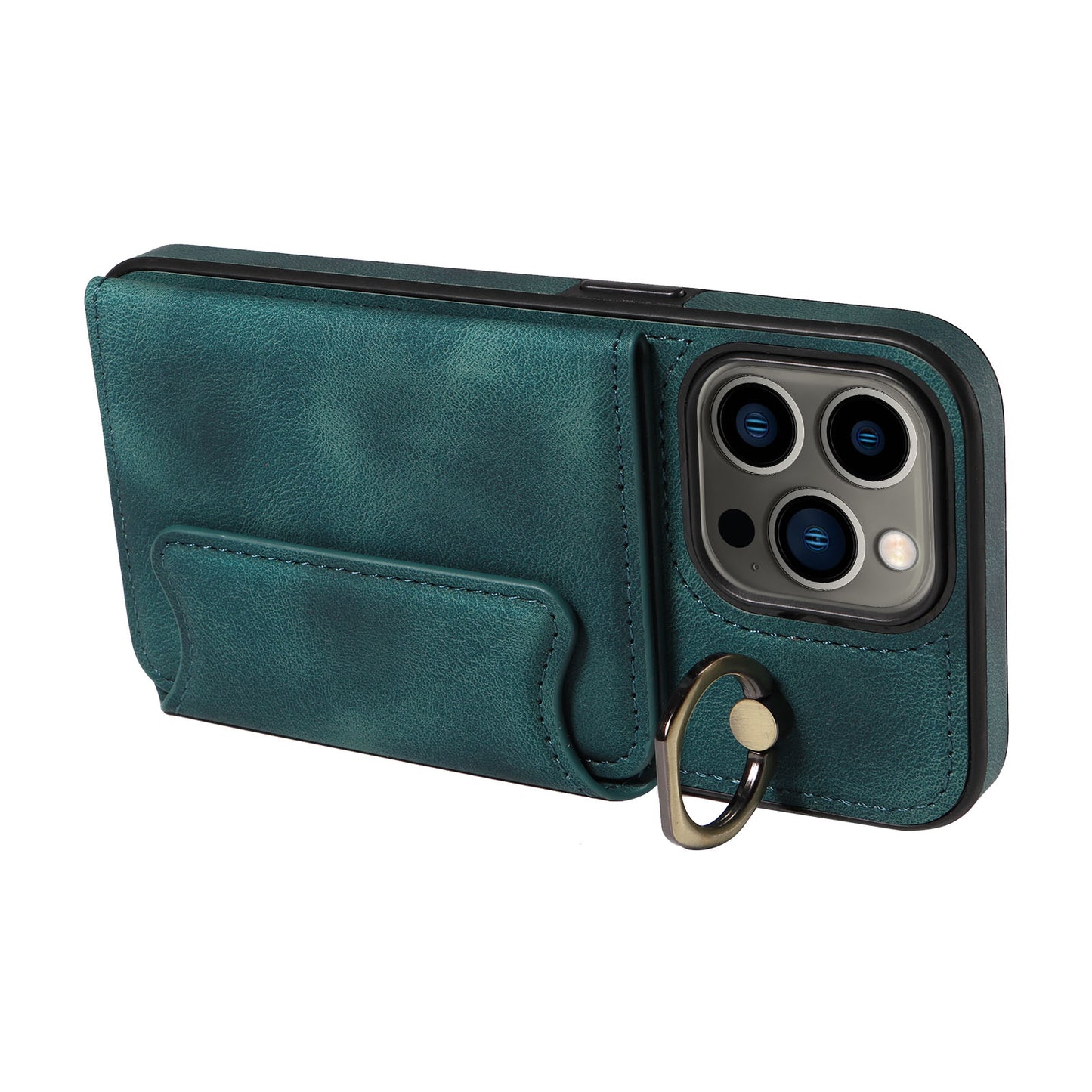 001 For iPhone 13 Pro 6.1 inch Card Holder PU Leather Coated TPU Cover Ring Kickstand Phone Case