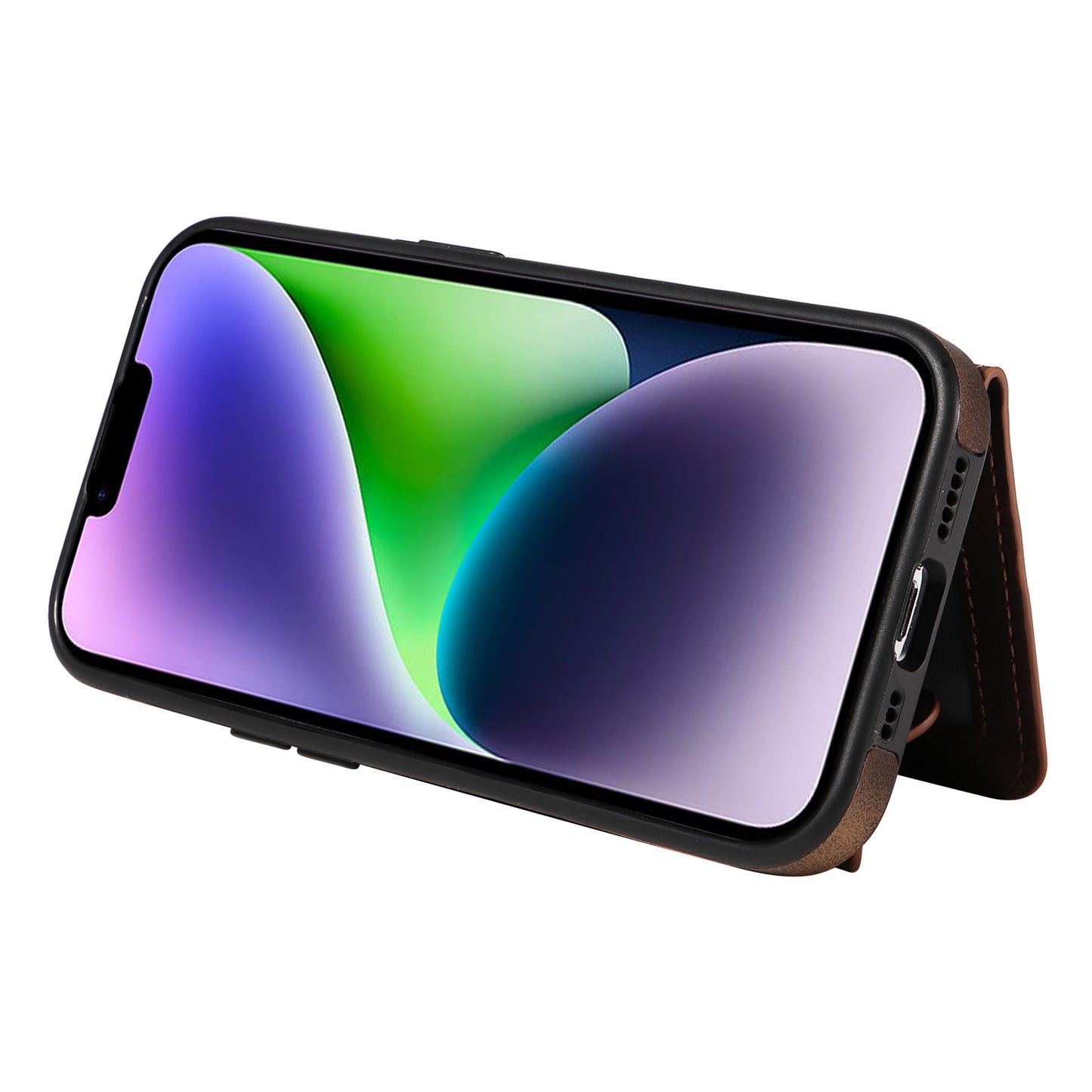 001 For iPhone 14 Card Holder Ring Kickstand Anti-drop Cover PU Leather Coated TPU Phone Case