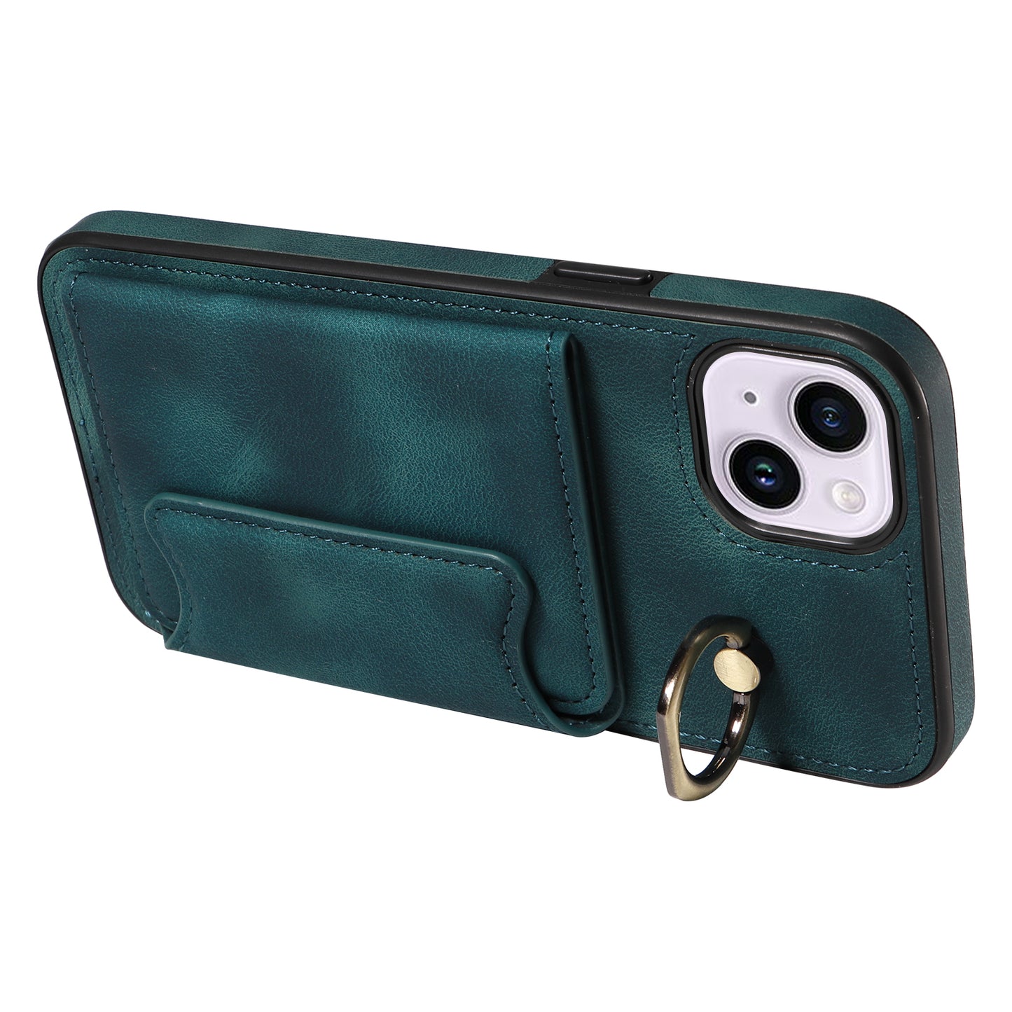 001 For iPhone 14 Card Holder Ring Kickstand Anti-drop Cover PU Leather Coated TPU Phone Case