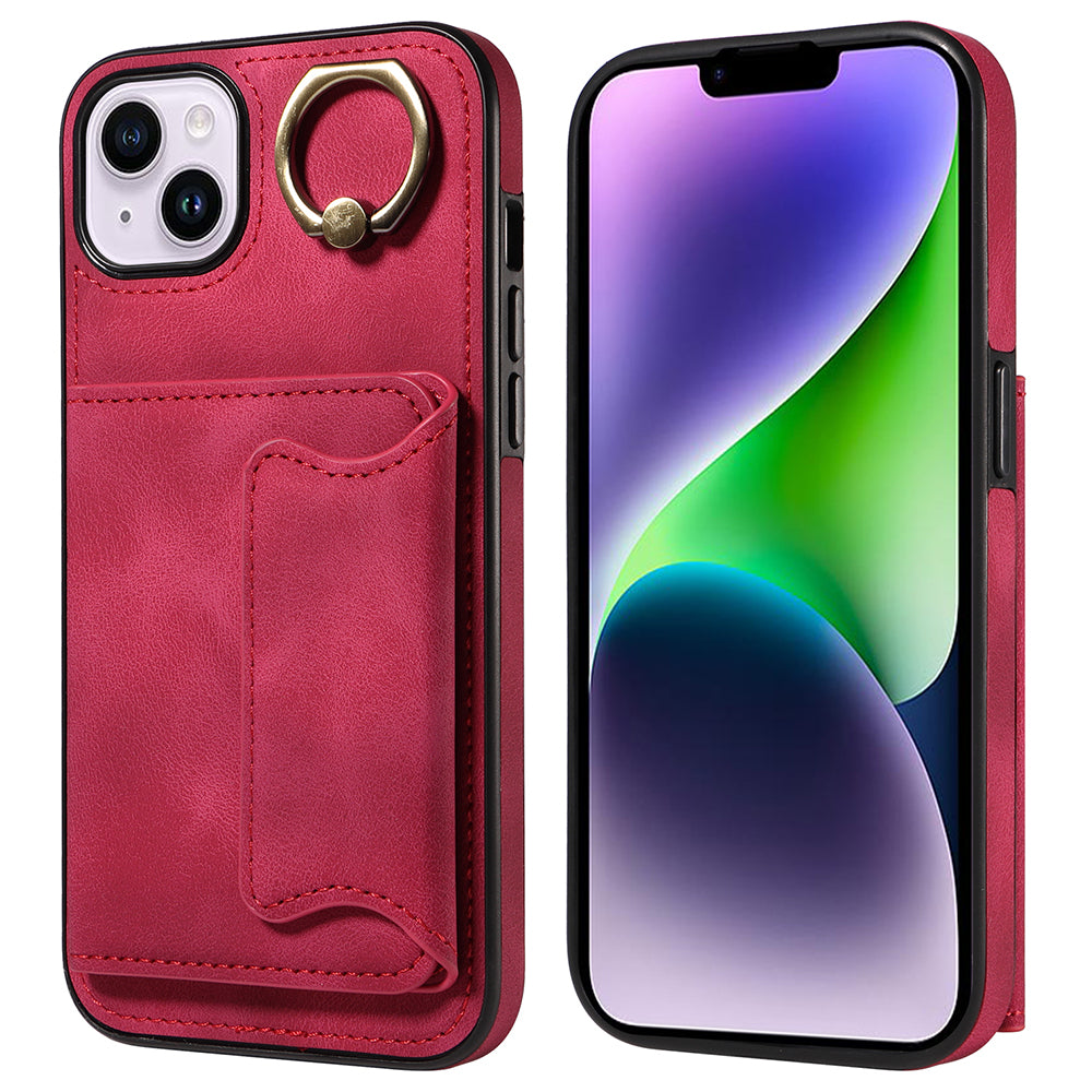001 For iPhone 14 Card Holder Ring Kickstand Anti-drop Cover PU Leather Coated TPU Phone Case