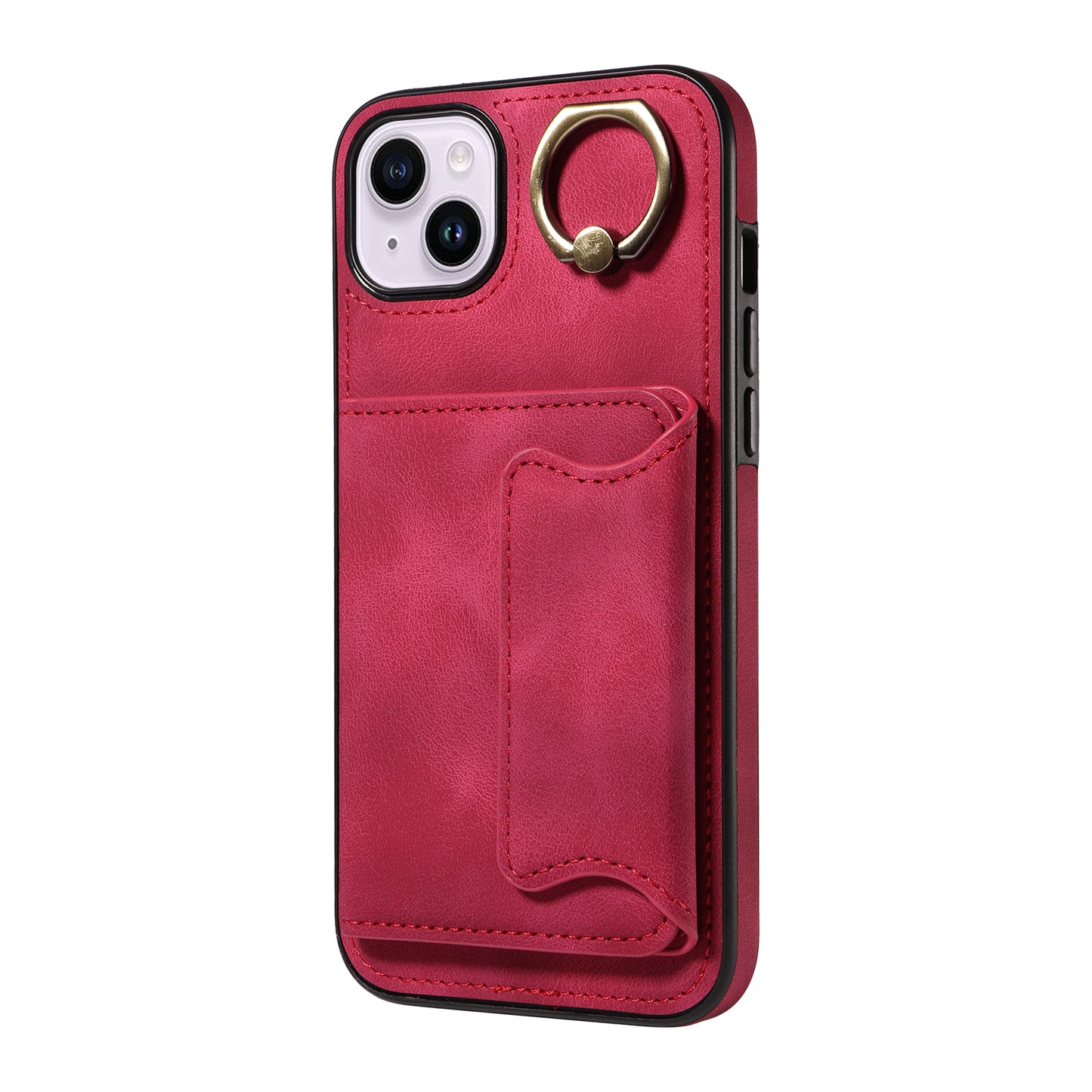 001 For iPhone 14 Card Holder Ring Kickstand Anti-drop Cover PU Leather Coated TPU Phone Case