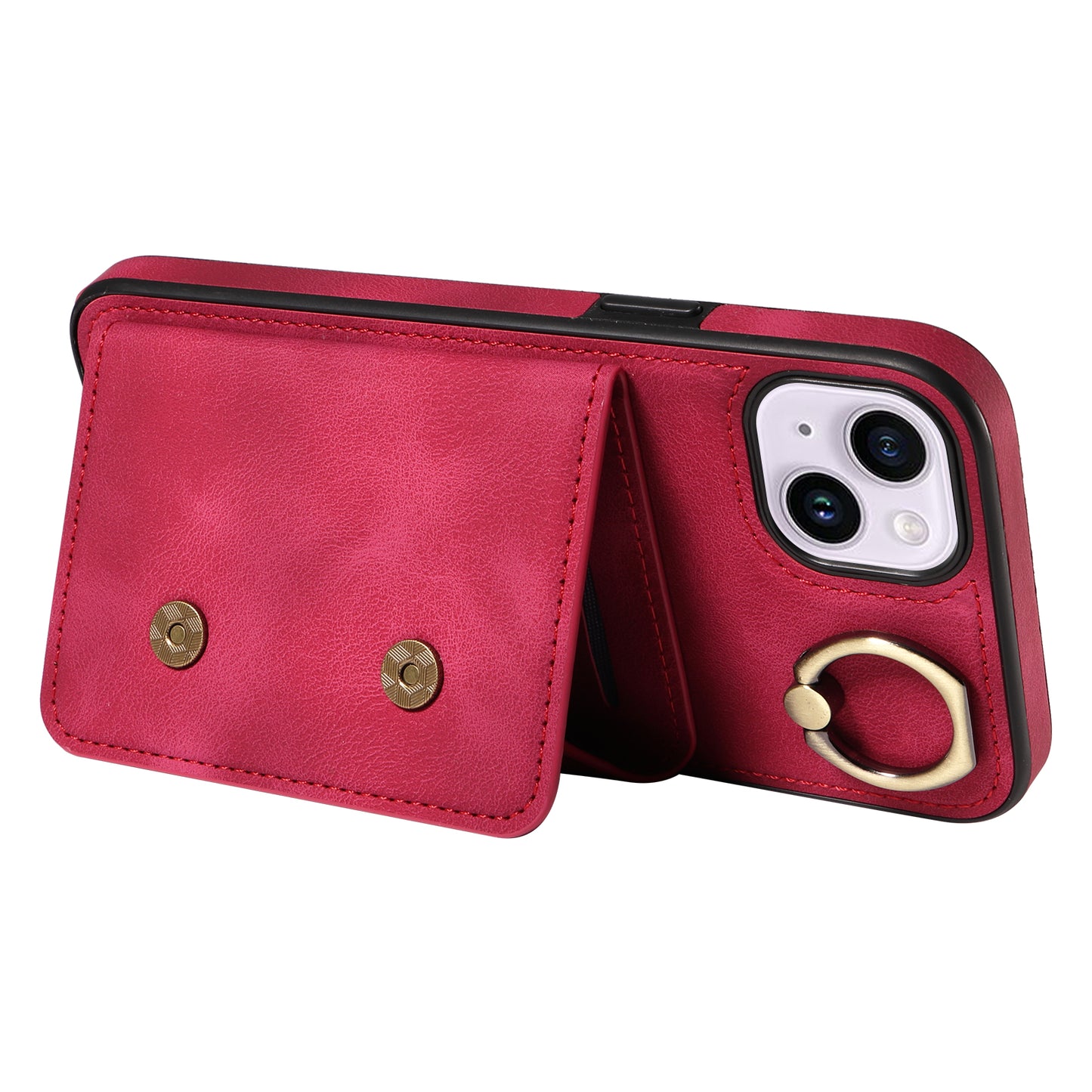 001 For iPhone 14 Card Holder Ring Kickstand Anti-drop Cover PU Leather Coated TPU Phone Case