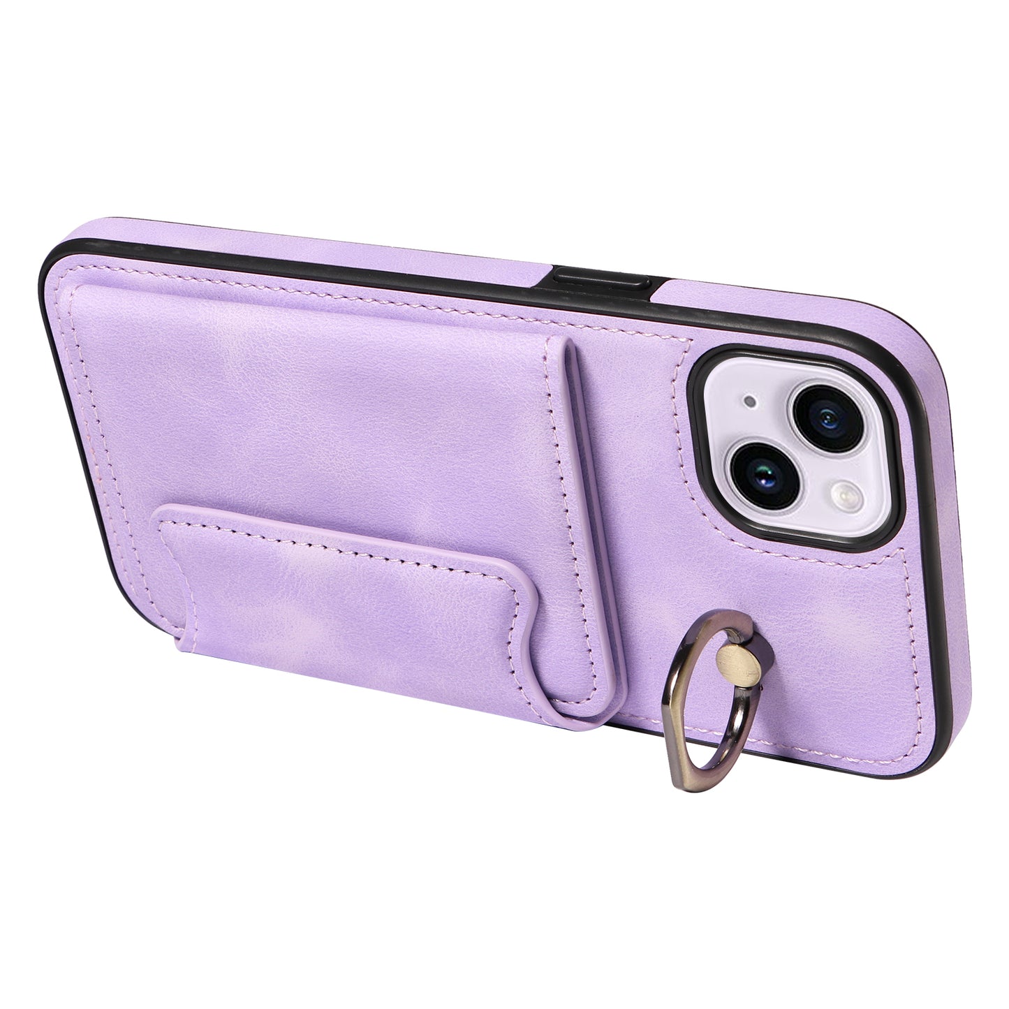 001 For iPhone 14 Card Holder Ring Kickstand Anti-drop Cover PU Leather Coated TPU Phone Case