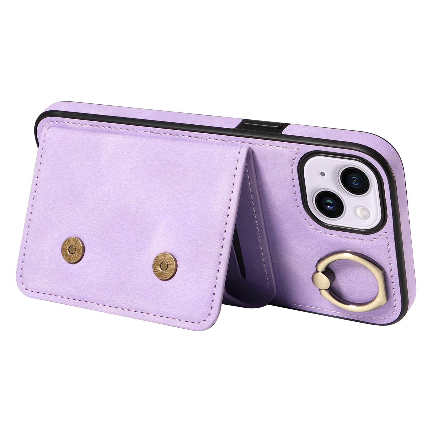 001 For iPhone 14 Card Holder Ring Kickstand Anti-drop Cover PU Leather Coated TPU Phone Case
