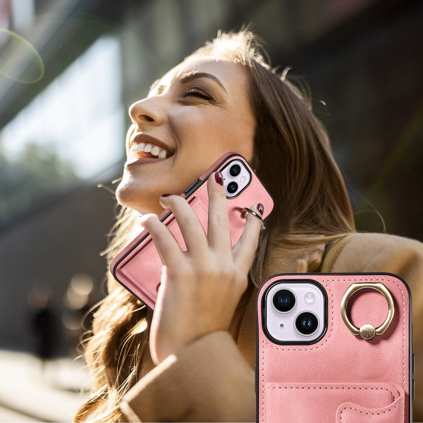 001 For iPhone 14 Card Holder Ring Kickstand Anti-drop Cover PU Leather Coated TPU Phone Case