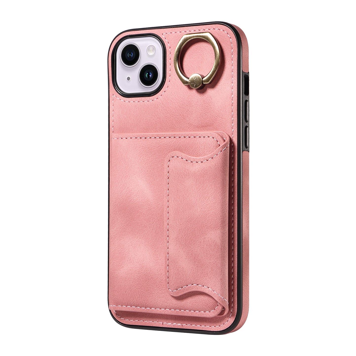 001 For iPhone 14 Card Holder Ring Kickstand Anti-drop Cover PU Leather Coated TPU Phone Case