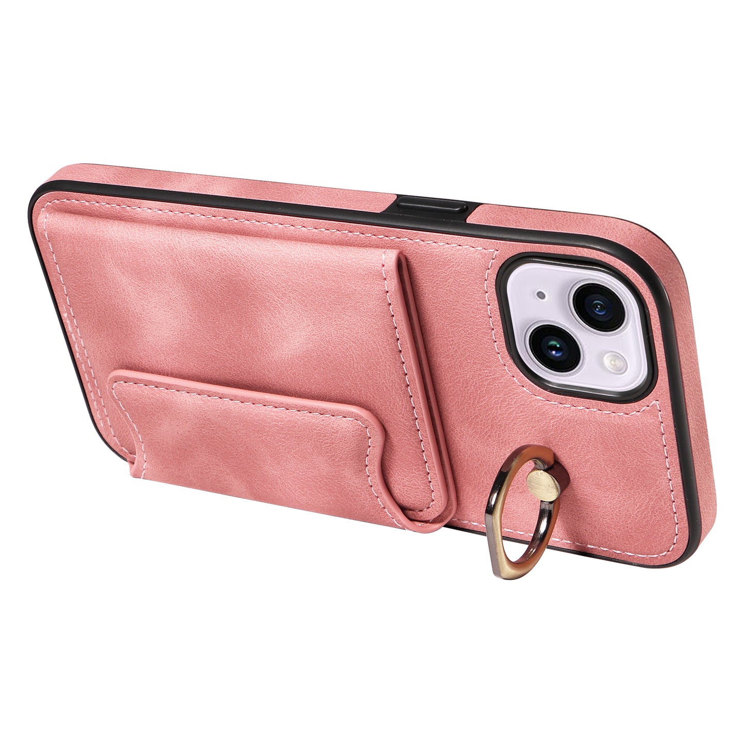 001 For iPhone 14 Card Holder Ring Kickstand Anti-drop Cover PU Leather Coated TPU Phone Case