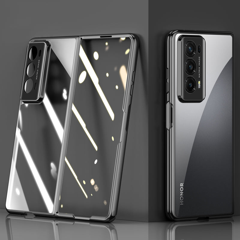 For Honor Magic V2 5G Clear Phone Case Electroplating PC Phone Cover with Tempered Glass Film (Support Fingerprint Unlock)
