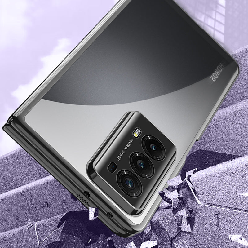 For Honor Magic V2 5G Clear Phone Case Electroplating PC Phone Cover with Tempered Glass Film (Support Fingerprint Unlock)