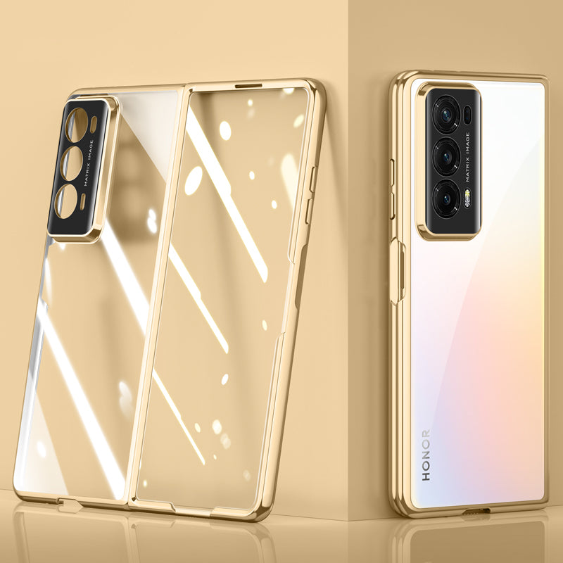 For Honor Magic V2 5G Clear Phone Case Electroplating PC Phone Cover with Tempered Glass Film (Support Fingerprint Unlock)