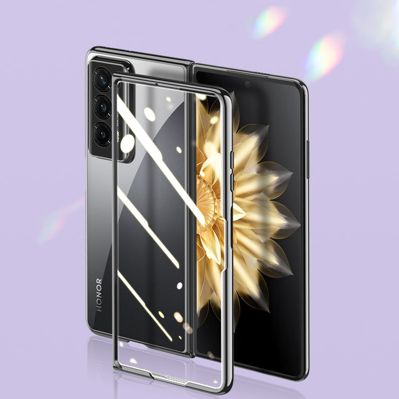 For Honor Magic V2 5G Clear Phone Case Electroplating PC Phone Cover with Tempered Glass Film (Support Fingerprint Unlock)