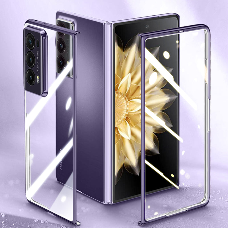For Honor Magic V2 5G Clear Phone Case Electroplating PC Phone Cover with Tempered Glass Film (Support Fingerprint Unlock)