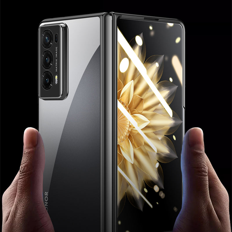 For Honor Magic V2 5G Clear Phone Case Electroplating PC Phone Cover with Tempered Glass Film (Support Fingerprint Unlock)