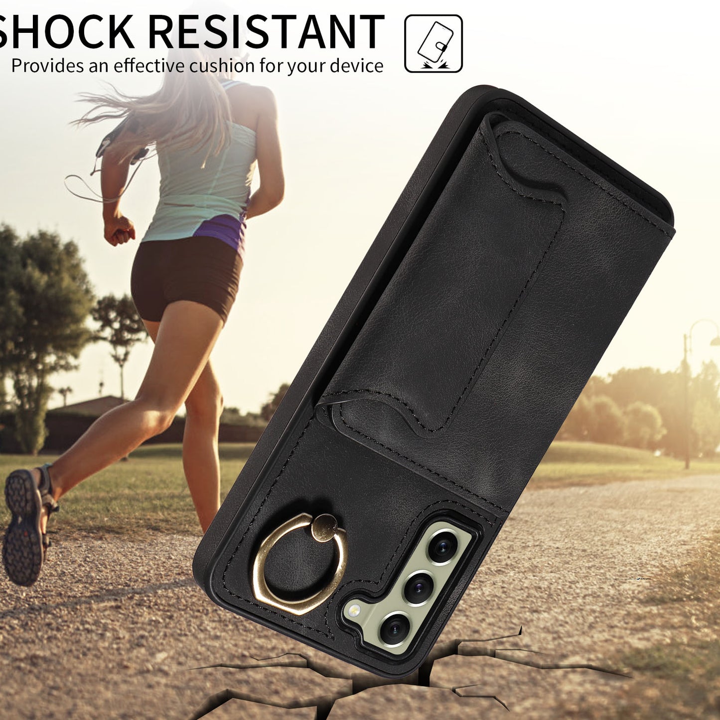 001 For Samsung Galaxy S21 FE 5G PU Leather+TPU Cover Card Holder Phone Case with Ring Kickstand