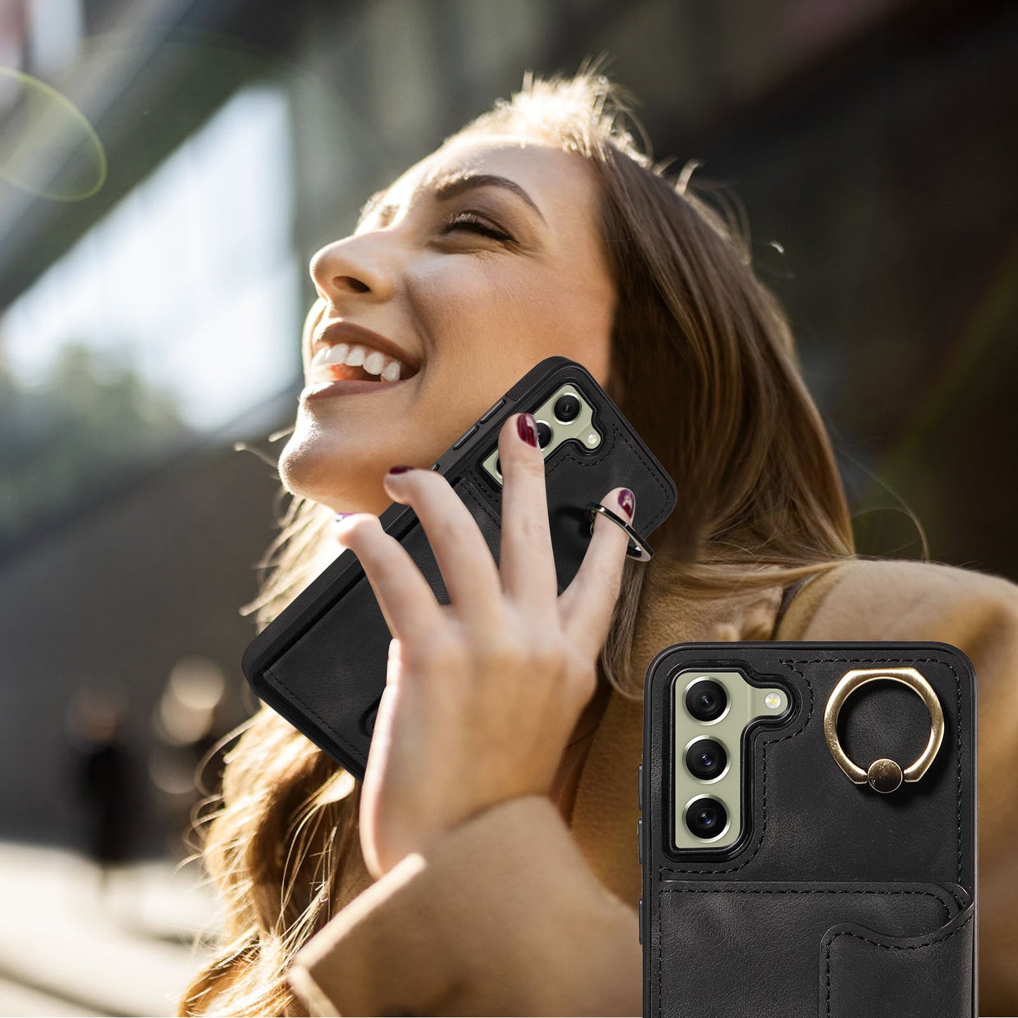 001 For Samsung Galaxy S21 FE 5G PU Leather+TPU Cover Card Holder Phone Case with Ring Kickstand