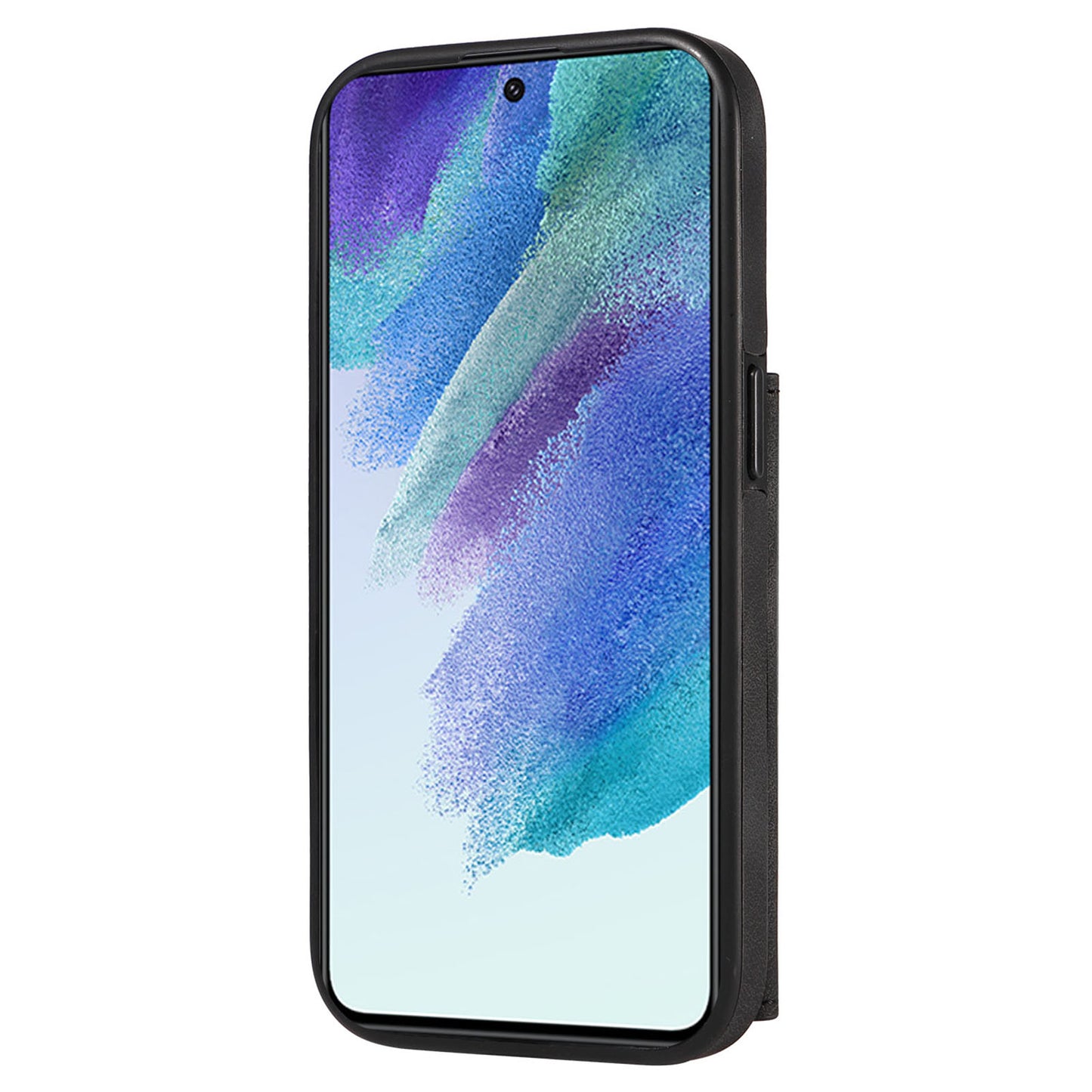 001 For Samsung Galaxy S21 FE 5G PU Leather+TPU Cover Card Holder Phone Case with Ring Kickstand